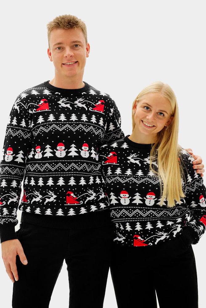 Suéter de Navidad Negro de Parejas Árboles, Muñecos y Papá Noel