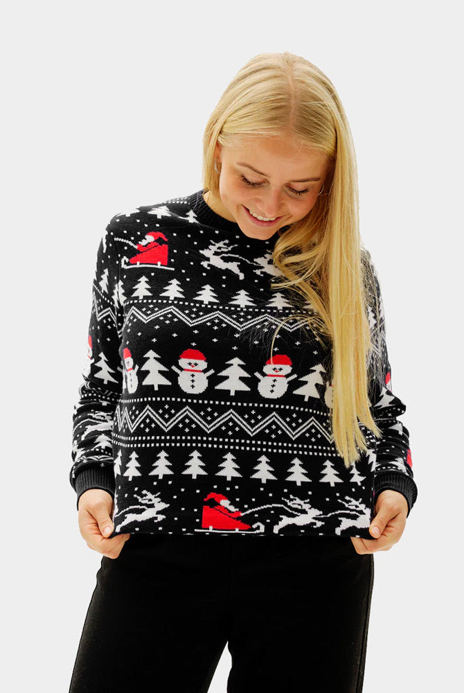 Suéter de Navidad Negro para Mujer Árboles, Muñecos y Papá Noel