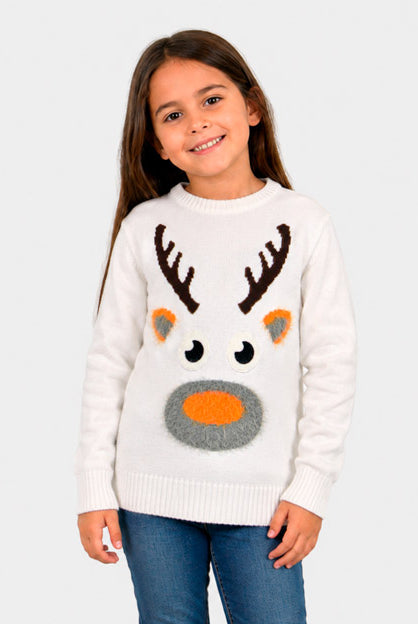 Suéter de Navidad para Niña Blanco con Reno 3D