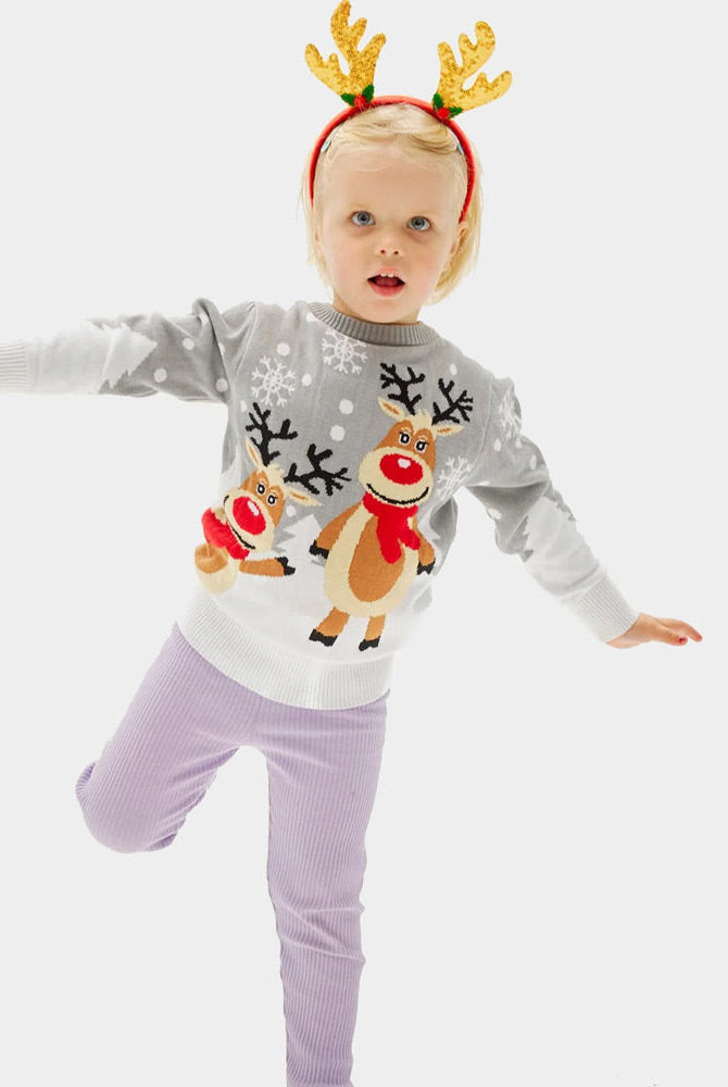Suéter de Navidad niña Familia Gris con Renas Cute