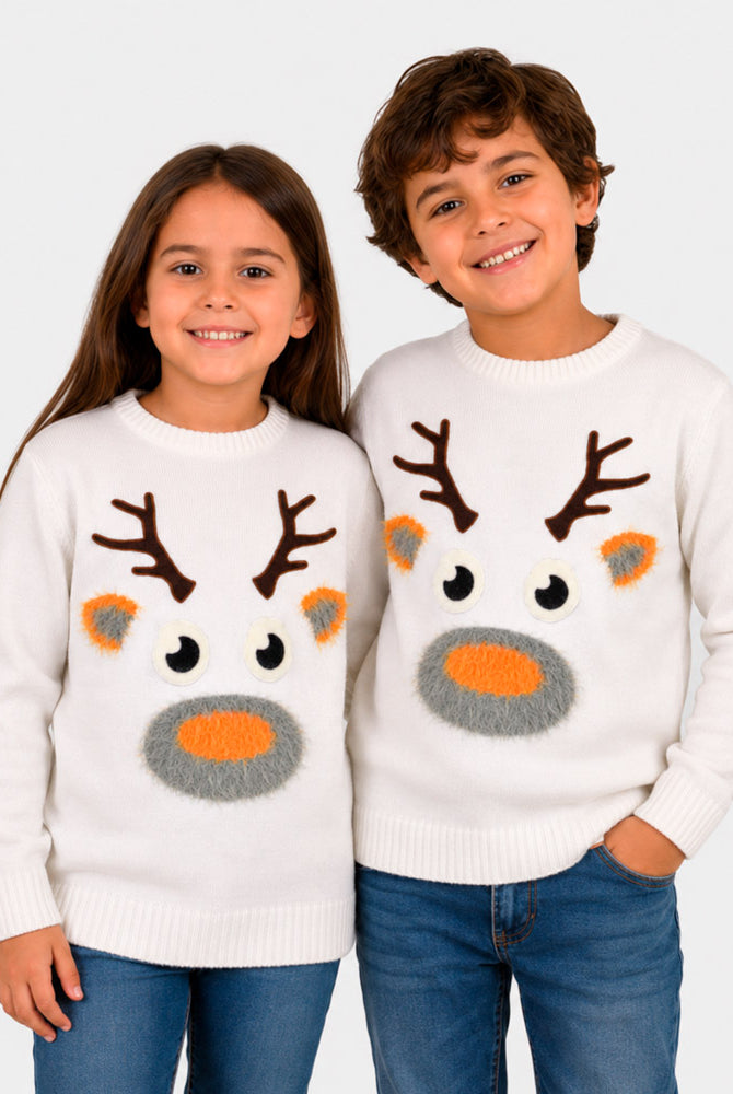 Suéter de Navidad para Niña y Niño Blanco con Reno 3D