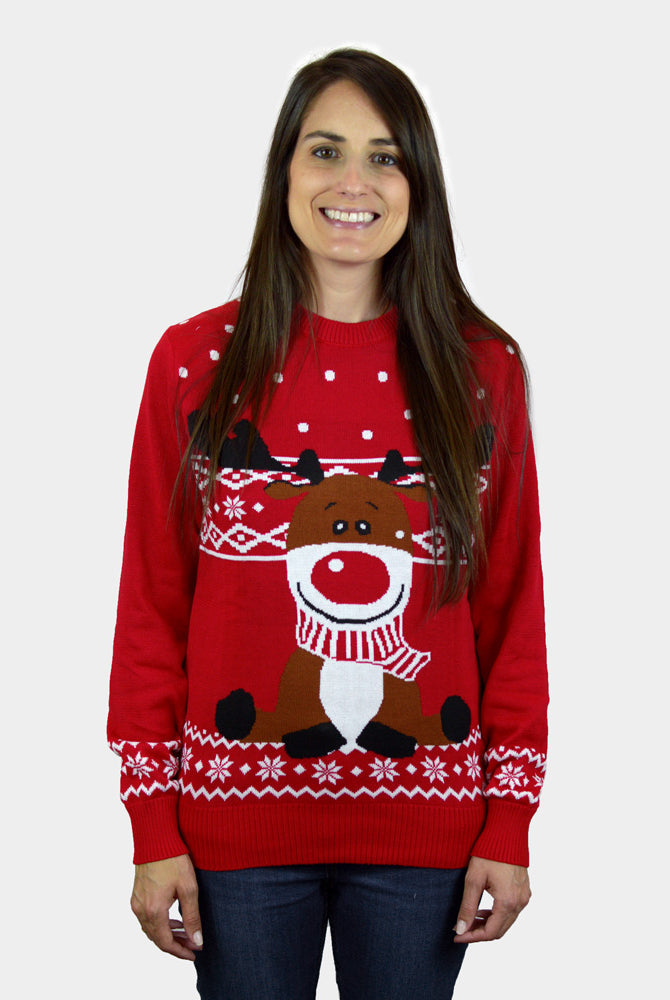 Suéter de Navidad Mujer Niña y Niño Rojo Reno Rudolph Bufanda