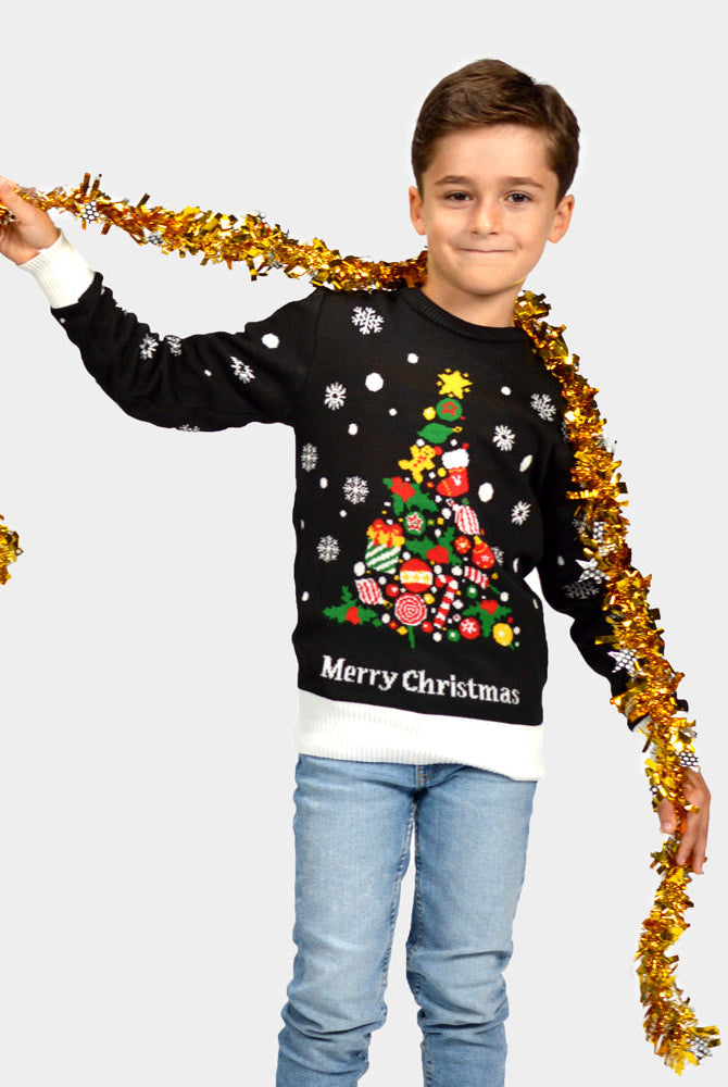 Suéter de Navidad para Niña y Niño Negro con Árbol de Navidad