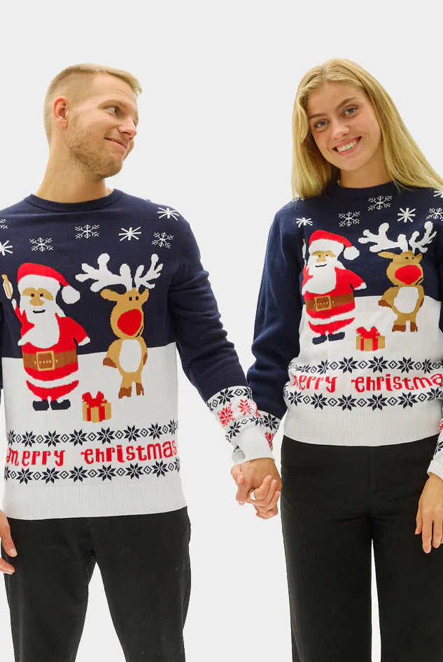 Suéter de Navidad Niña y Niño Papá Noel Pareja Reno Rudolph Algodón Orgánico