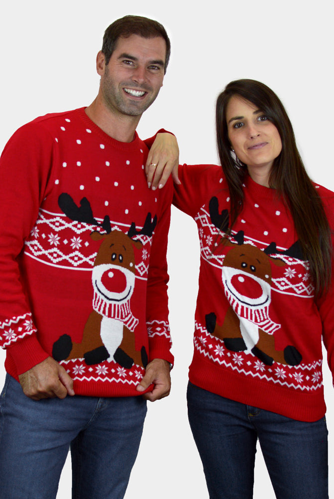 Suéter de Navidad Pareja Niña y Niño Rojo Reno Rudolph Bufanda