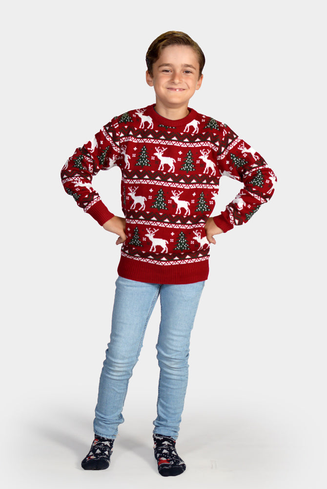 Suéter de Navidad para Niña y Niño Rojo Árboles de Navidad y Renos
