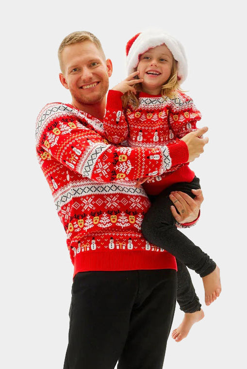 Suéter de Navidad Niña y Niño Rojo Muñecos y Cenefas Algodón Orgánico familia