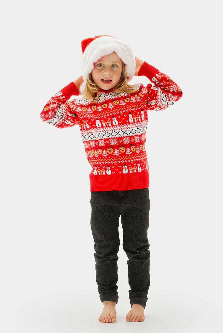 Suéter de Navidad Niña y Niño Rojo Muñecos y Cenefas Algodón Orgánico