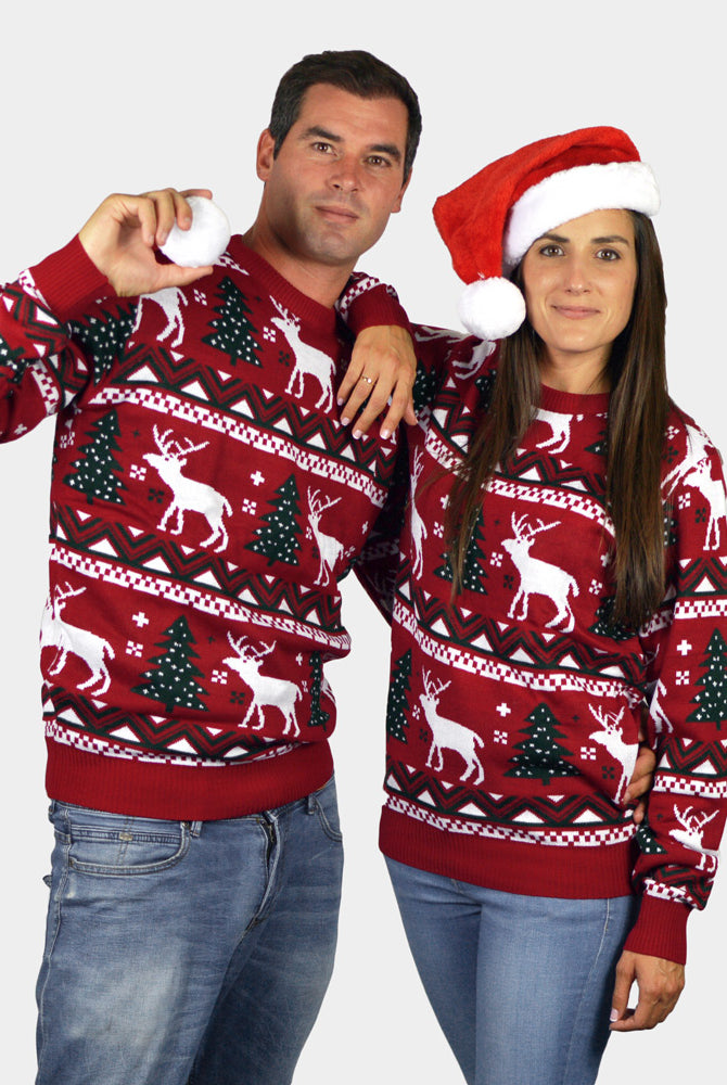 Suéter de Navidad Parejas Niña y Niño Rojo Árboles de Navidad y Renos