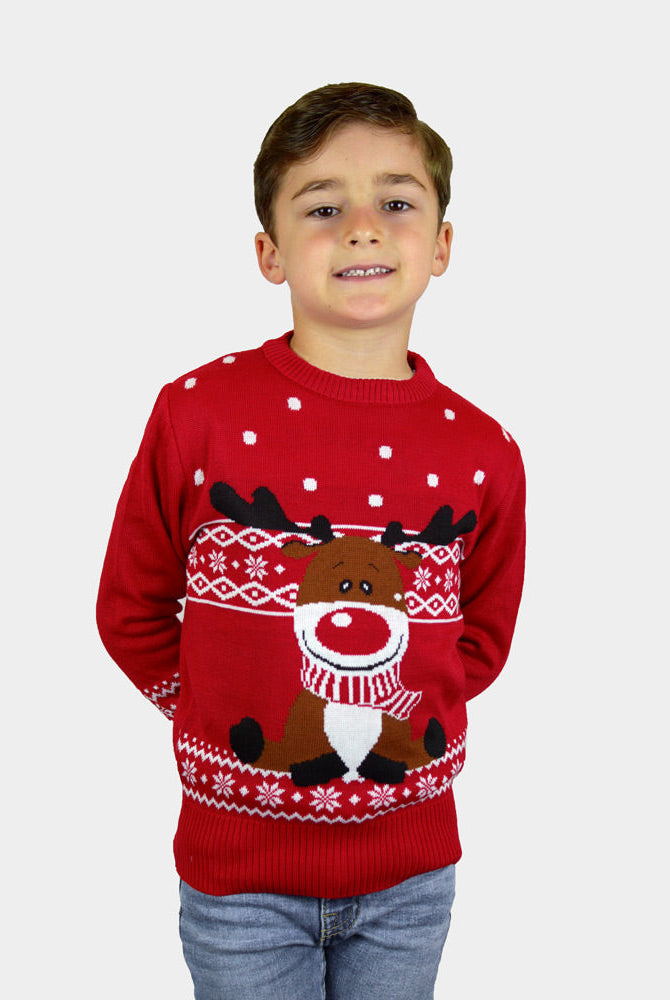 Suéter de Navidad para Niña y Niño Rojo Reno Rudolph Bufanda niño