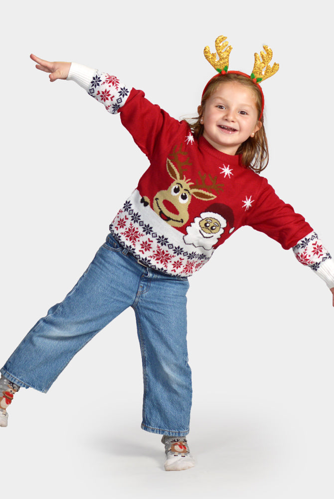 Suéter de Navidad para Niña y Niño Santa y Rudolph Sonrientes