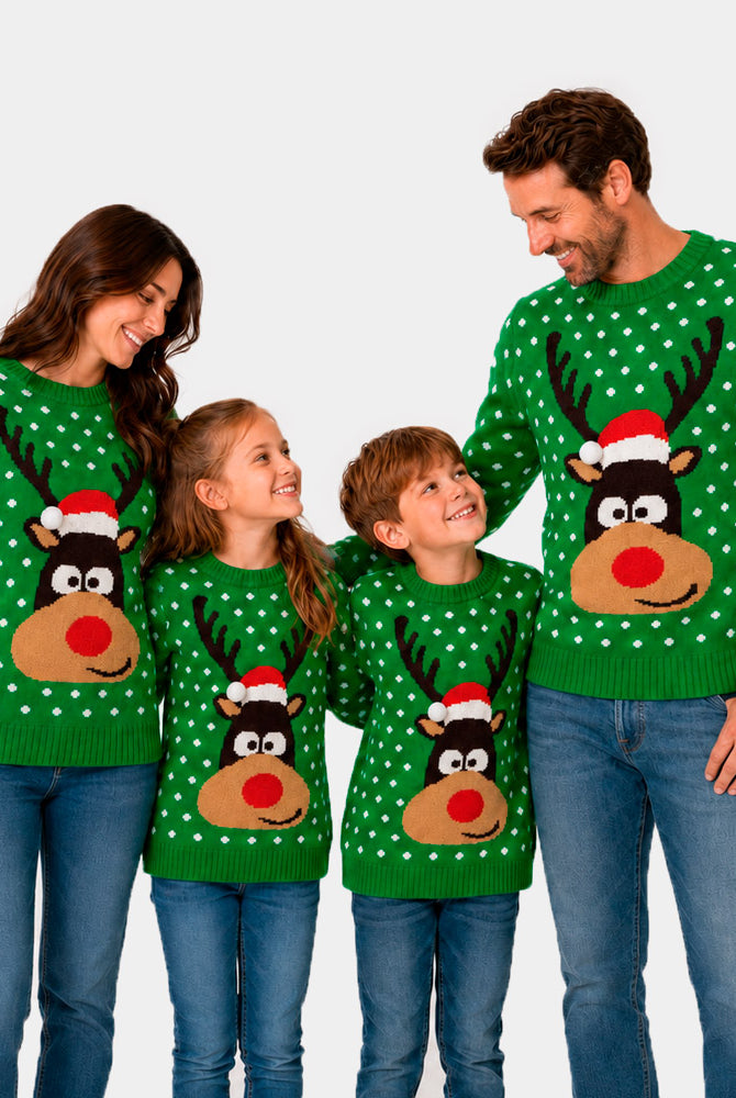 Suéter de Navidad para Niña y Niño Verde Reno con Gorro en 3D Familia
