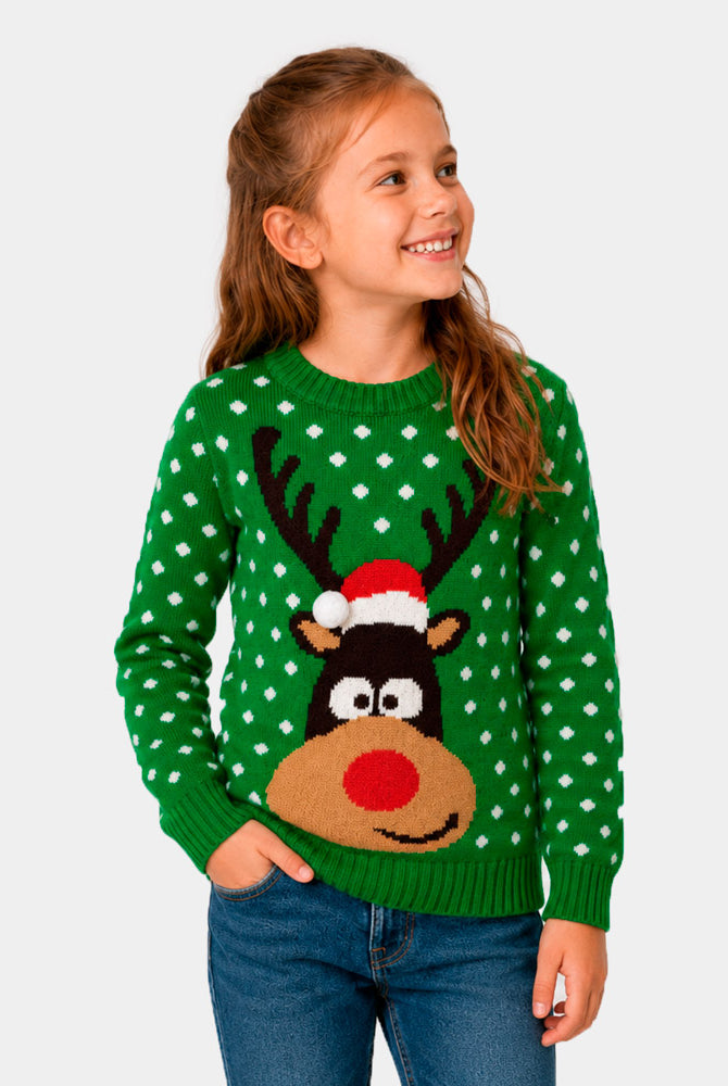 Suéter de Navidad para Niña Verde Reno con Gorro en 3D