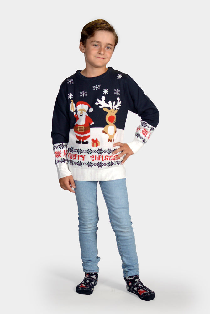 Suéter de Navidad Niño Azul Papá Noel y Reno Rudolph