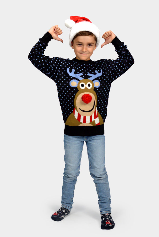 Suéter de Navidad Azul Reno Rodolfo Niño con Nariz Roja en 3D
