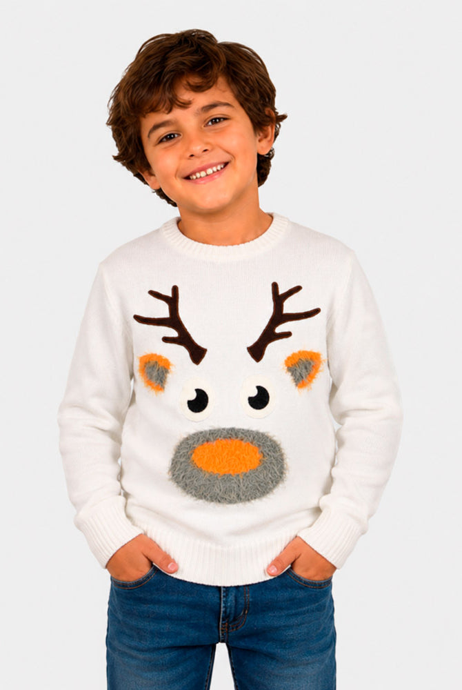 Suéter de Navidad para Niño Blanco con Reno 3D
