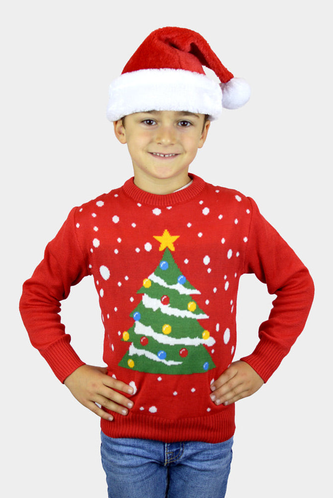 Suéter de Navidad para Niña y Niño Rojo Árbol de Navidad