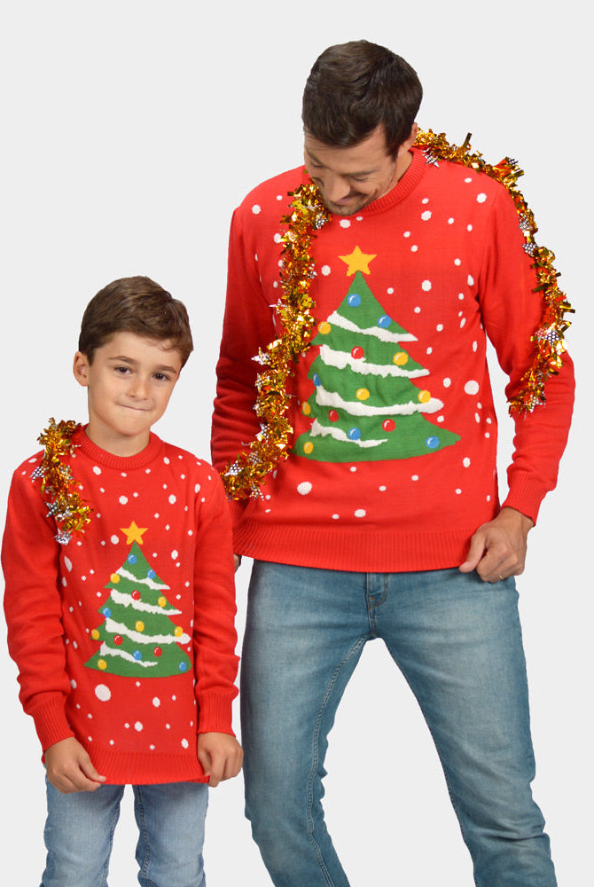 Suéter de Navidad Niño Hombre Rojo Árbol de Navidad