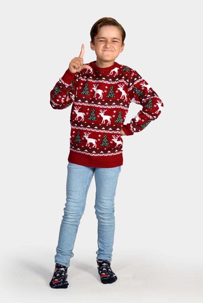 Suéter de Navidad para Niño Rojo Árboles de Navidad y Renos