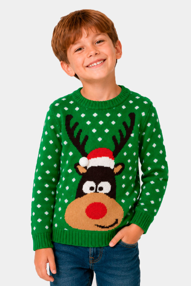 Suéter de Navidad para Niño Verde Reno con Gorro en 3D