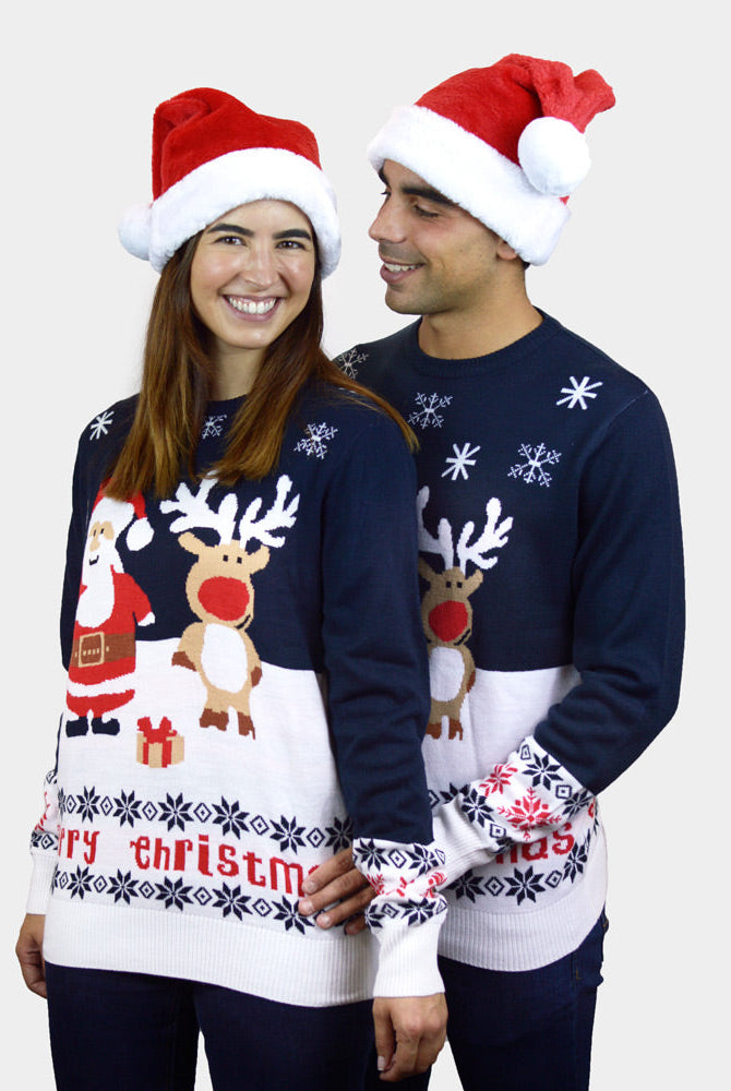 Suéter de Navidad para Familia Azul Papá Noel y Reno Rudolph pareja