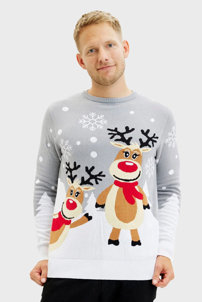 Suéter de Navidad para Familia Gris con Renas Cute Hombre