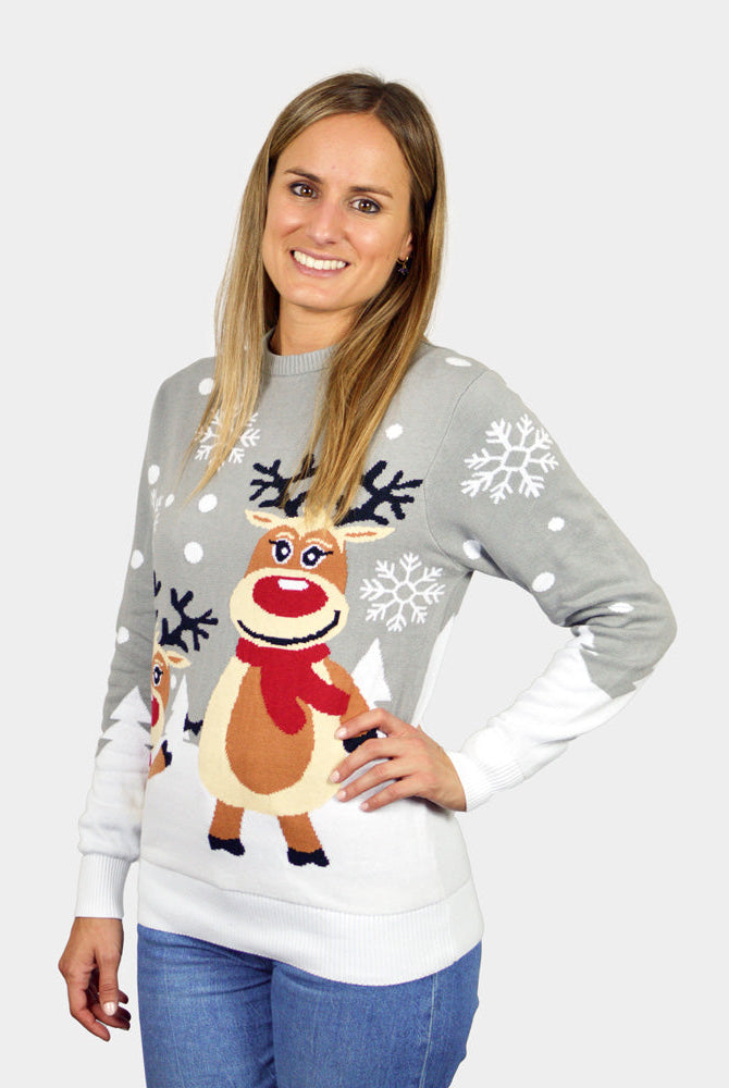 Suéter de Navidad para Familia Gris con Renas Cute Mujer