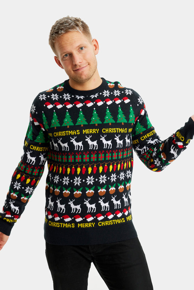 Suéter de Navidad para Familia Negro con Árboles, Renos y Regalos Hombre