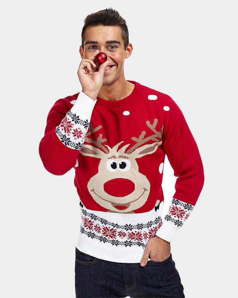 Suéter de Navidad para Familia Rojo con Reno Rudolph Hombre