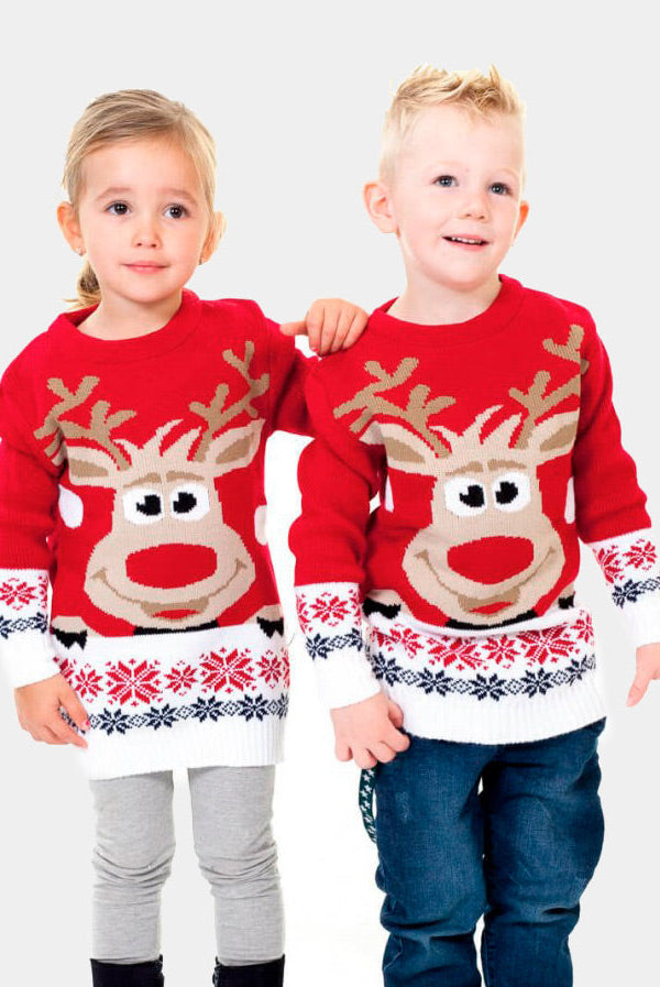 Suéter de Navidad para Familia Rojo con Reno Rudolph Niña y Niño