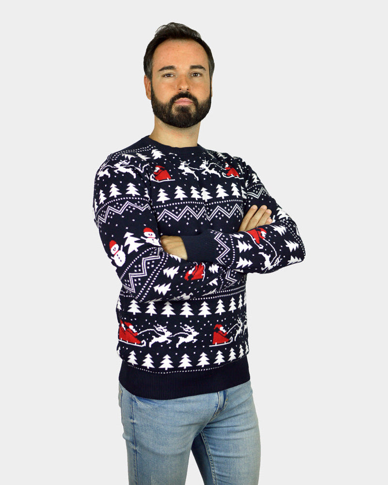 Suéter de Navidad Hombre con Árboles, Muñecos y Papá Noel Algodón Orgánico