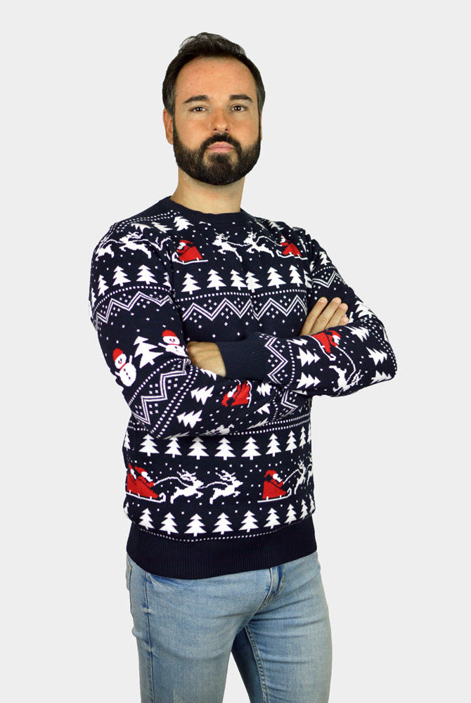 Suéter de Navidad Hombre con Árboles, Muñecos y Papá Noel Algodón Orgánico