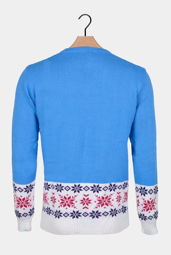 Suéter de Navidad para Hombre Azul Claro con Reno y Nieve Espalda