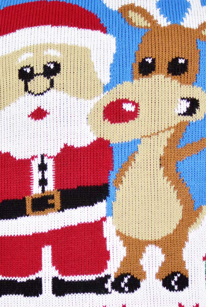 sueter de Navidad para Hombre Azul Claro Reno y Papá Noel Detalle