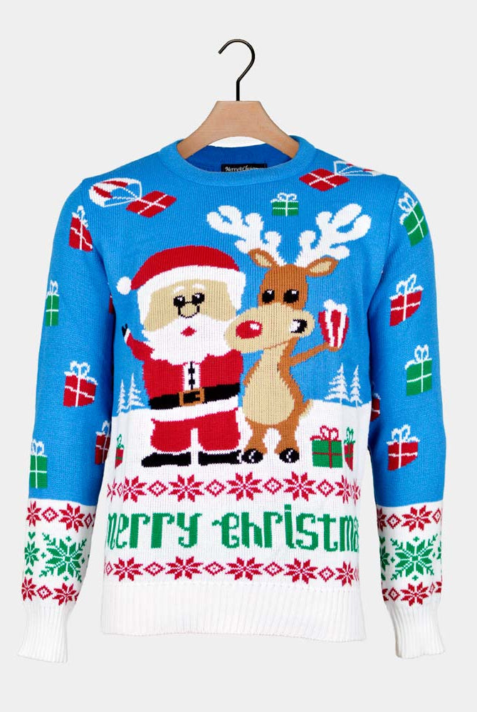 sueter de Navidad para Hombre Azul Claro Reno y Papá Noel