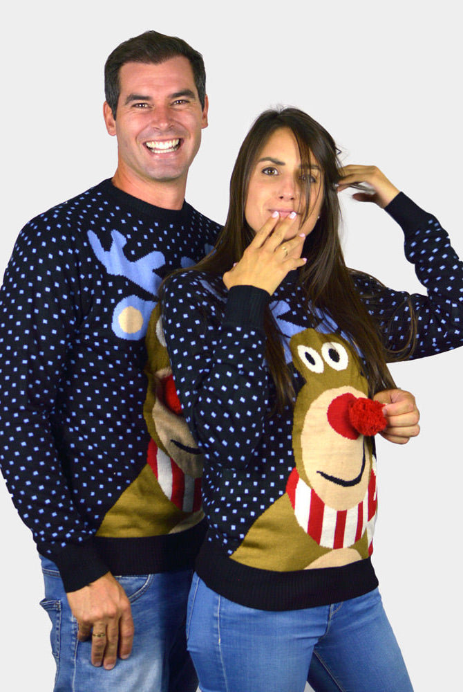 Suéter de Navidad para Hombre Azul Reno Rodolfo con Nariz Roja en 3D parejas