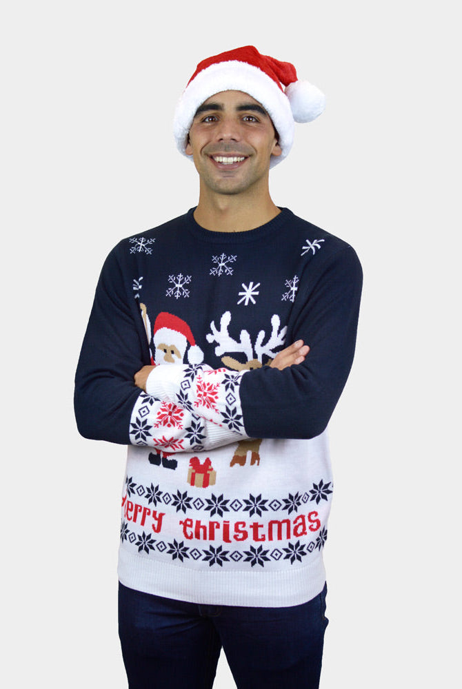 Suéter de Navidad Azul Papá Noel y Reno Rudolph para Hombre