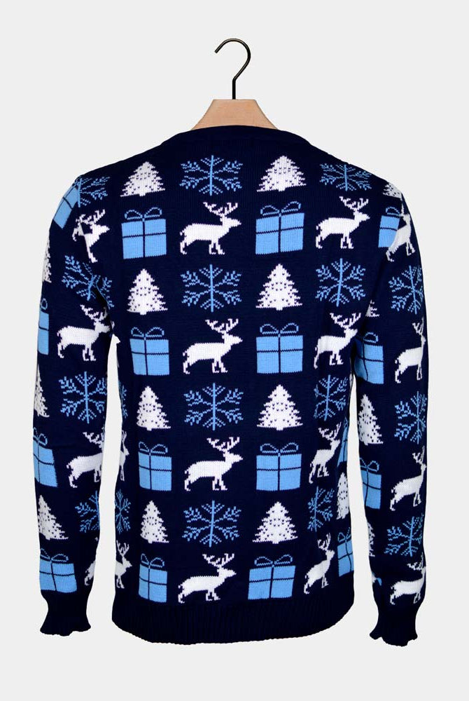 sueter de Navidad para Hombre Azul con Renos, Regalos y Pinos Espalda