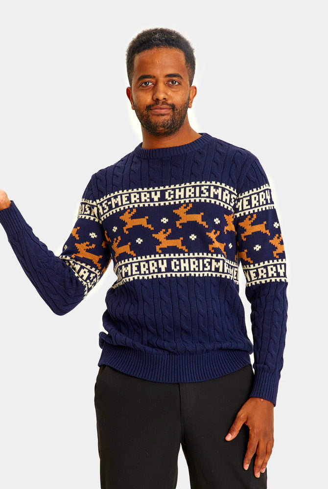 Suéter de Navidad Hombre Elegante Azul con Renos