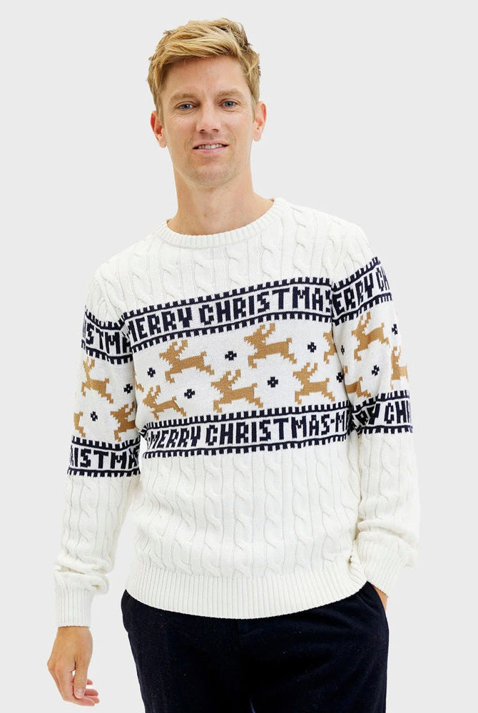 Suéter de Navidad Hombre Elegante Blanco Renos Algodón Orgánico