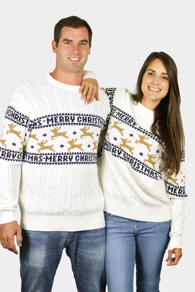 Suéter de Navidad para Hombre Elegante Blanco con Renos Algodón Orgánico pareja