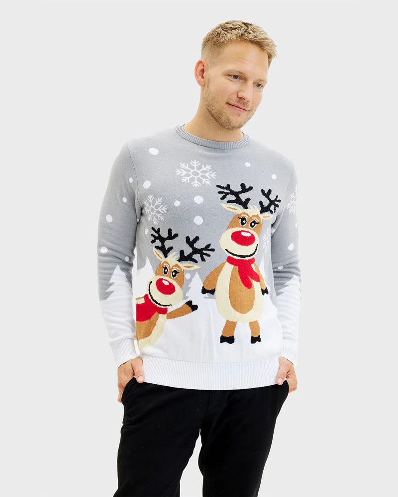 Suéter de Navidad para Hombre Gris con Renas Cute