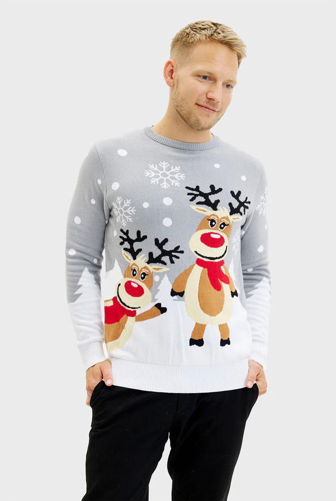 Suéter de Navidad para Hombre Gris con Renas Cute
