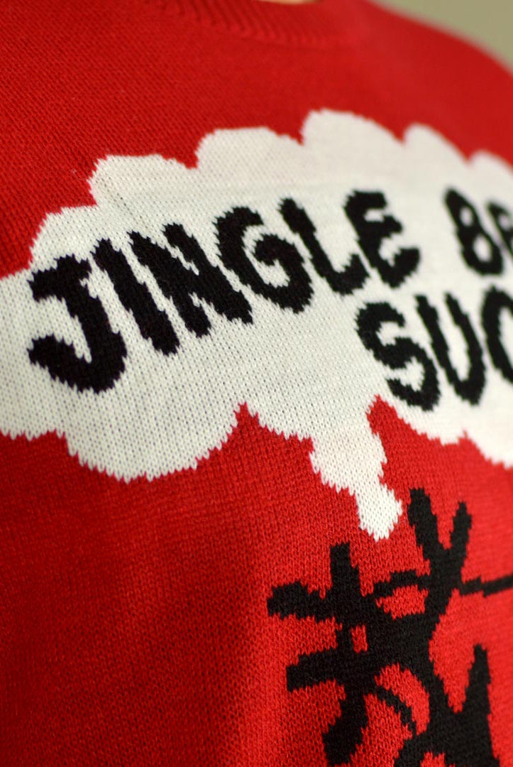 Suéter de Navidad para Hombre Jingle Bells Suck Rojo Cascabeles 3D Detalle Cuernos