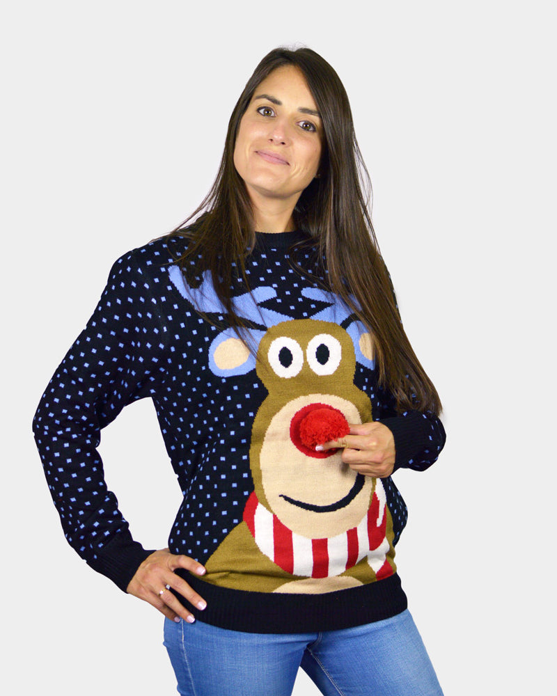 Suéter de Navidad Mujer Hombre Azul Reno Rodolfo con Nariz Roja en 3D