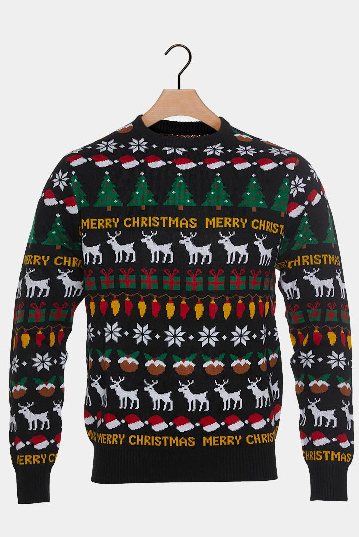 Suéter de Navidad para Hombre Negro con Árboles, Renos y Regalos