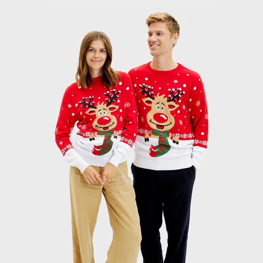 Suéter de Navidad Mujer y Hombre Reno con Bufanda