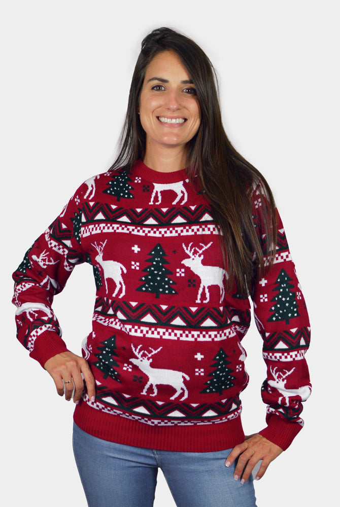 Suéter de Navidad para Hombre Rojo Mujer Árboles de Navidad y Renos