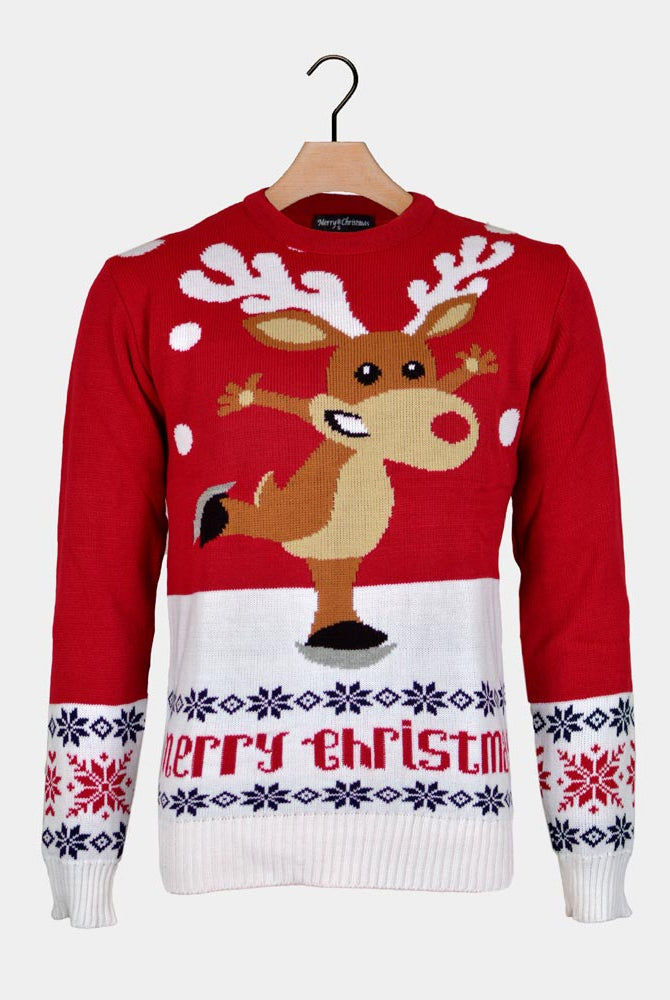 sueter de Navidad para Hombre Rojo con Reno Patinando
