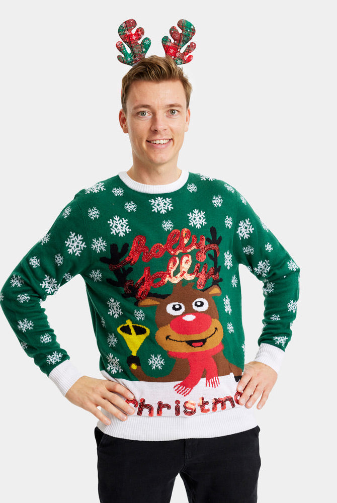 Suéter de Navidad Hombre Verde Holly Jolly Lentejuelas